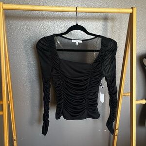 Ruched Long-Sleeve Square Neck Top - Black